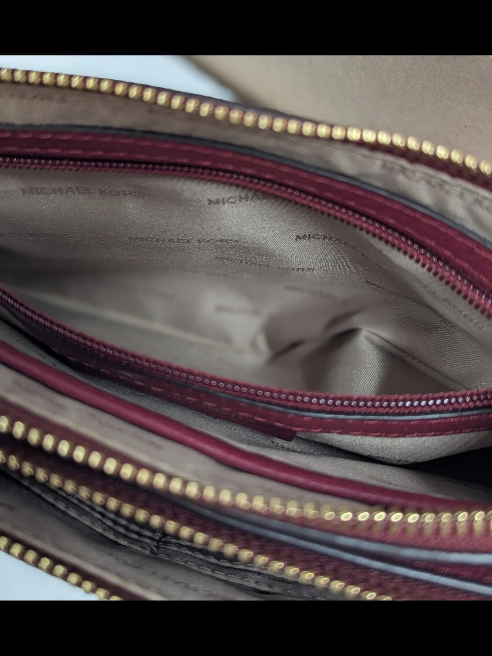 Michael Kors Burgundy Pebbled Leather Crossbody Double Zip Wristlet Clutch Gold
